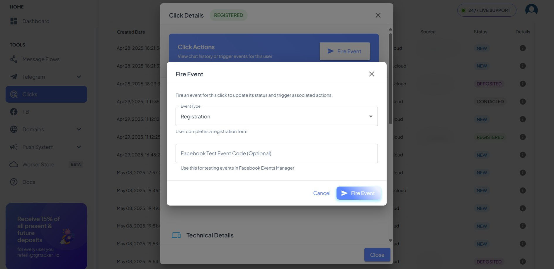 TG Tracker interface for manually firing CAPI events or setting up postbacks.