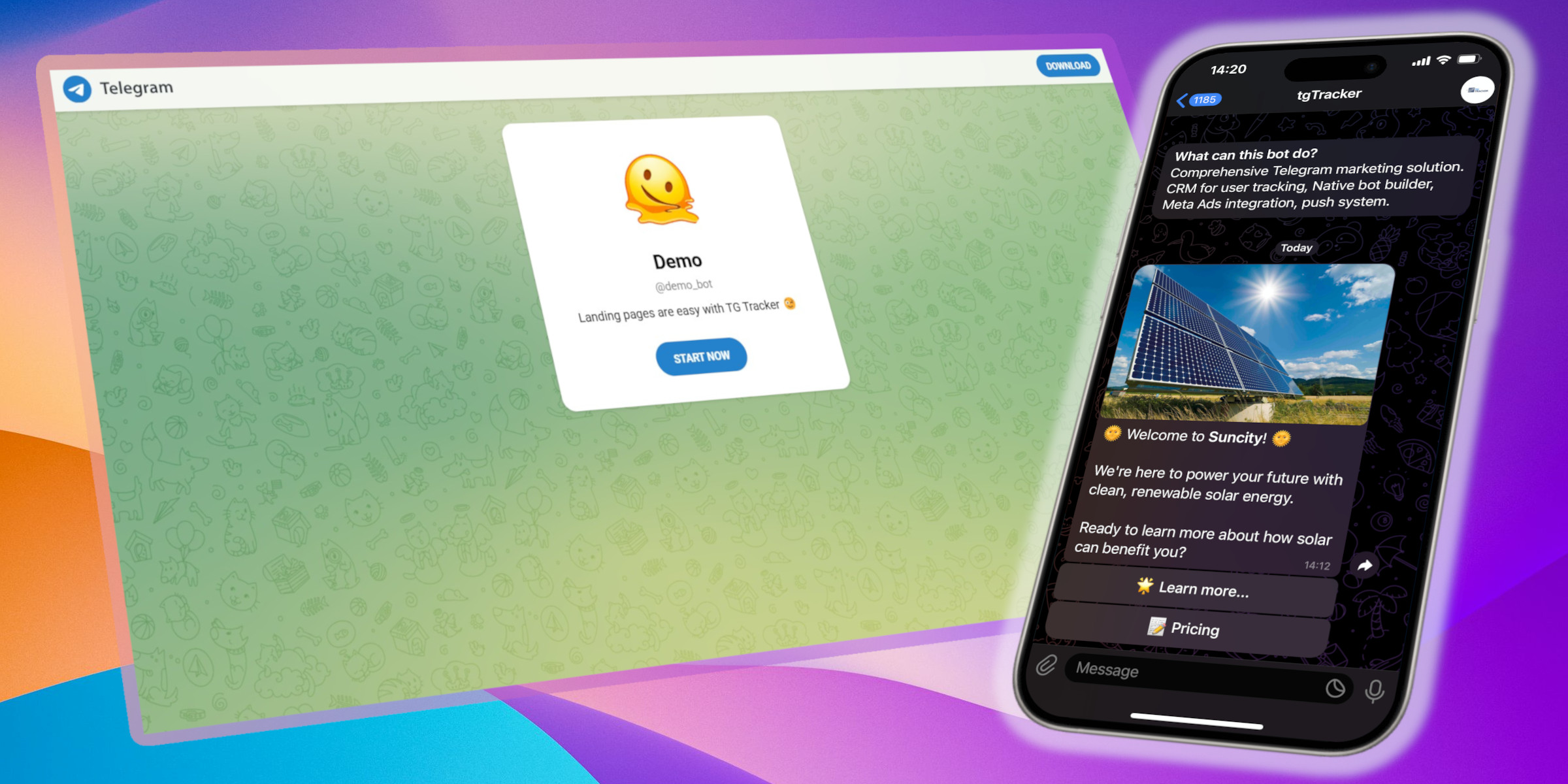 Example of a TG Tracker landing page for a Telegram bot, showing a 'Start Bot' button.