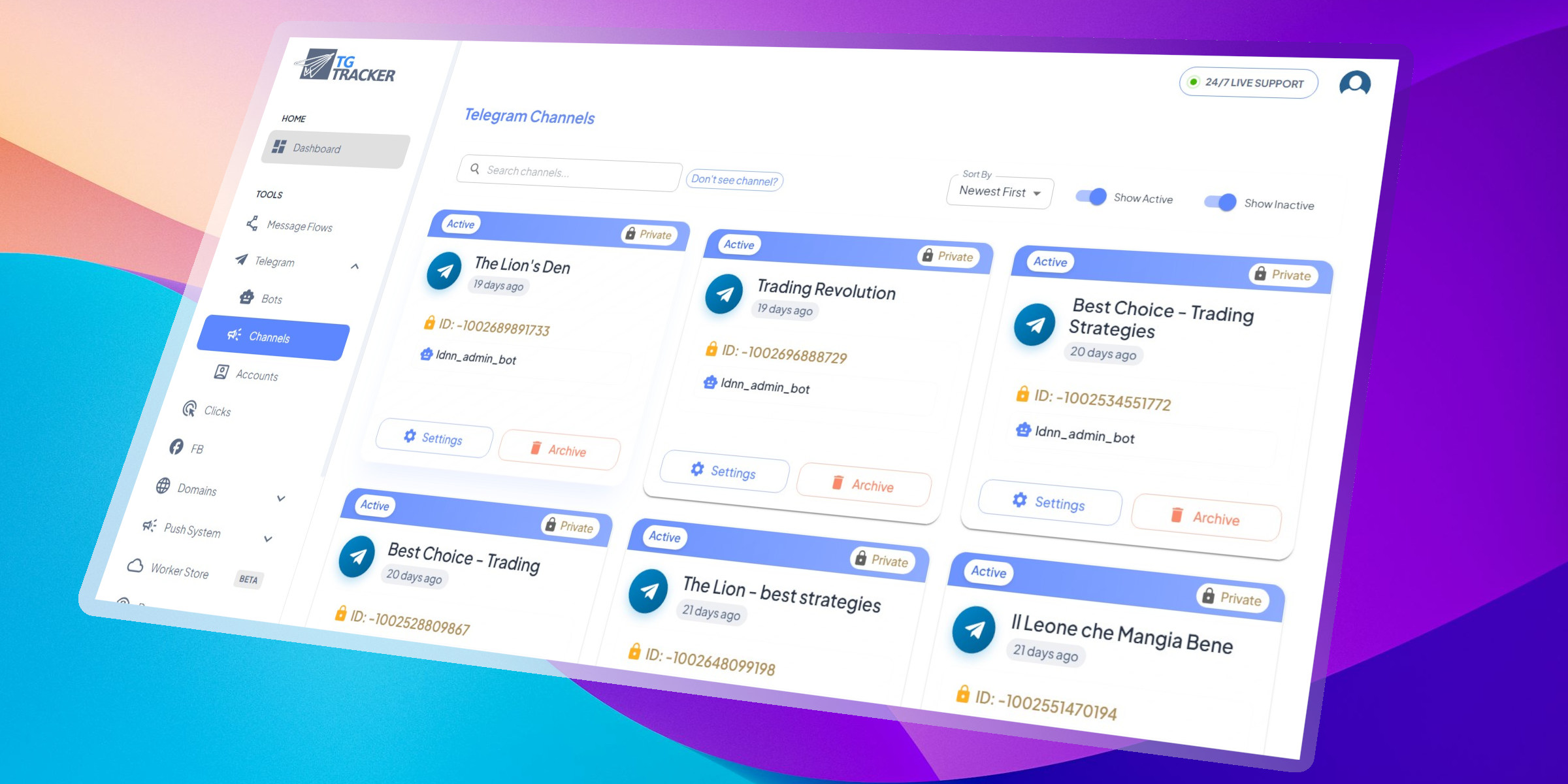 TG Tracker dashboard interface for adding a new Telegram channel.